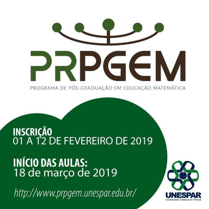 O Programa de Pós-Graduação em Educação Matemática - PRPGEM é um programa interunidades, com sede nos campi de Campo Mourão e União da Vitória da Unespar, que abarca o curso de Mestrado Acadêmico em Educação Matemática, reconhecido pela Capes no ano de 2018 e com ingresso da primeira turma em 2019.