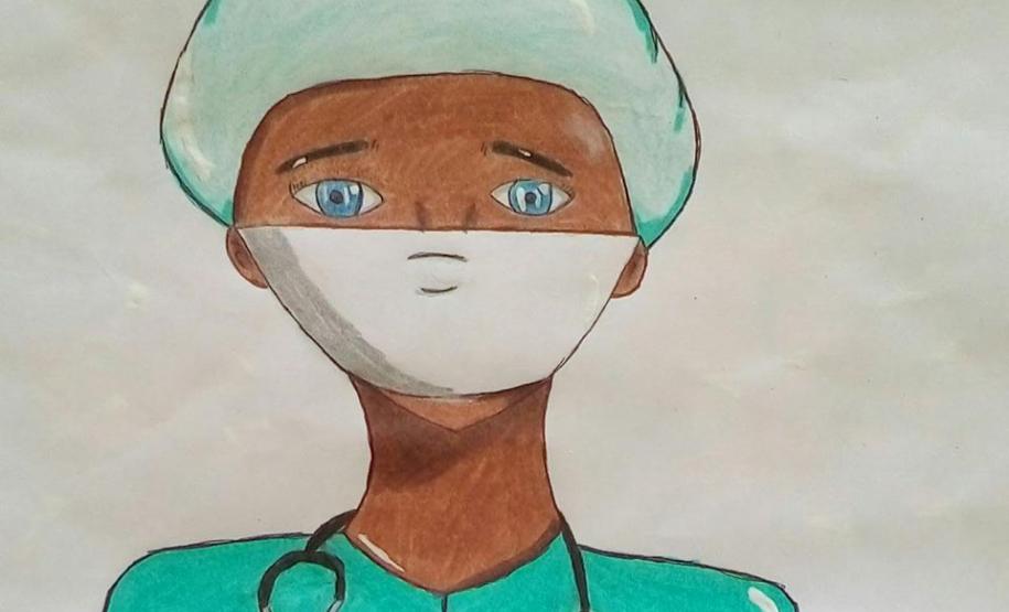 A aluna Ana Vitória Basniak, do 9º ano, do Col. Est. Dr. Lauro Muller Soares, faz homenagem aos profissionais da saúde. Foi a forma que ela encontrou de agradecer aos profissionais, incluindo os estudantes do Curso Técnico em Enfermagem do próprio colégio, que estão trabalhando no combate e enfrentamento ao Coronavírus.