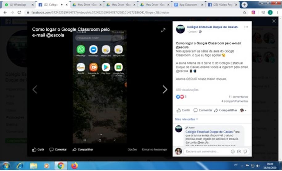 Alunos Otto Athayde do 7º C, e a Milena Popenda Bortoleto, da 3ª série do Col. Est. Duque de Caxias, de São Mateus do Sul, fazem vídeos com tutoriais para auxiliar os colegas no acesso ao Classroom.