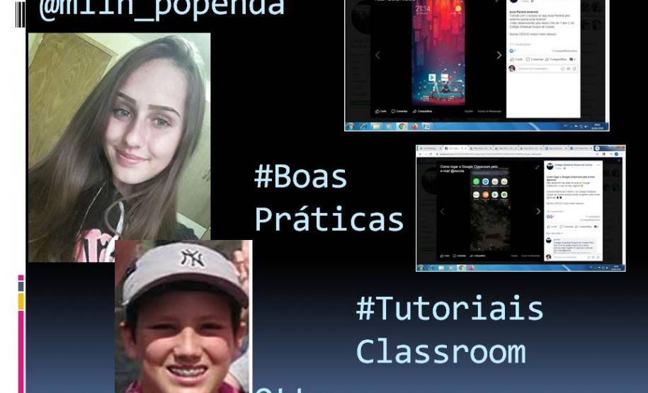 Alunos Otto Athayde do 7º C, e a Milena Popenda Bortoleto, da 3ª série do Col. Est. Duque de Caxias, de São Mateus do Sul, fazem vídeos com tutoriais para auxiliar os colegas no acesso ao Classroom.
